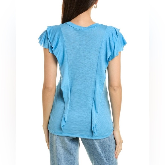 ELAN EUC Sz M Blue Ruffle Sleeve Top - Picture 2 of 2